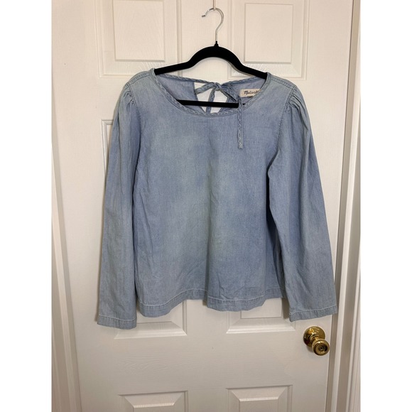 Madewell Tops - Madewell Womens Light Wash Denim Tie Back Long Sleeve Chambray Blouse Large NWOT